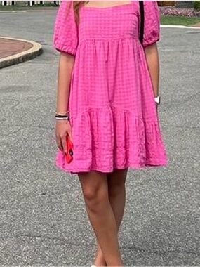 Anthropologie Hot Pink Square-Neck Tiered Puff-Sleeve Mini Dress XS